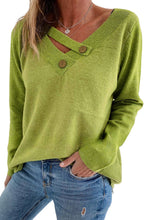 Load image into Gallery viewer, Green Button Tab V Neck Solid Color Sweater