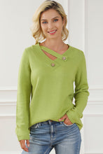 Load image into Gallery viewer, Green Button Tab V Neck Solid Color Sweater