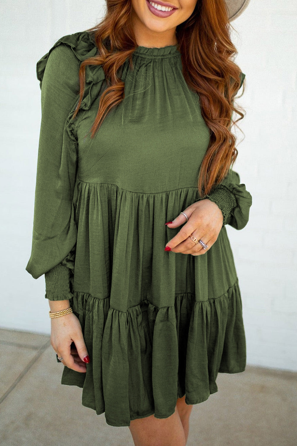 Moss Green Ruffled High Waist Long Sleeve Mini Dress