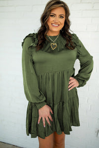 Moss Green Ruffled High Waist Long Sleeve Mini Dress