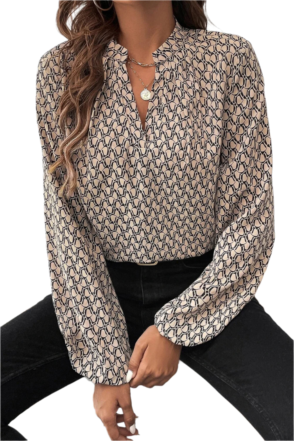 Adeline Khaki Geometric Print  Blouse