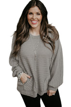 Load image into Gallery viewer, Gray Ribbed Side Pockets Long Sleeve Plus Size Top