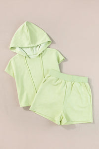 Meadow Mist Green Textured Cropped Hoodie and Shorts Set
