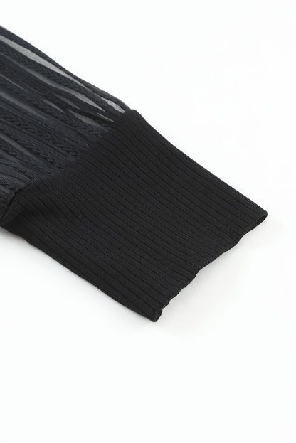 Ribbed Solid Color Striped Mesh Long Sleeve Top