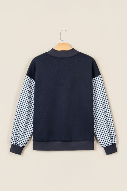 Russet Orange Plaid Sleeve Colorblock Loose Tunic Sweatshirt