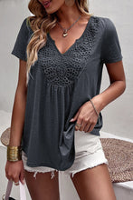Load image into Gallery viewer, Solid Color Lace Crochet Short Sleeve V Neck T Shirt