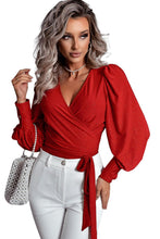 Load image into Gallery viewer, Fiery Red Glitter Wrap V Neck Tie Hem Puff Sleeve Blouse