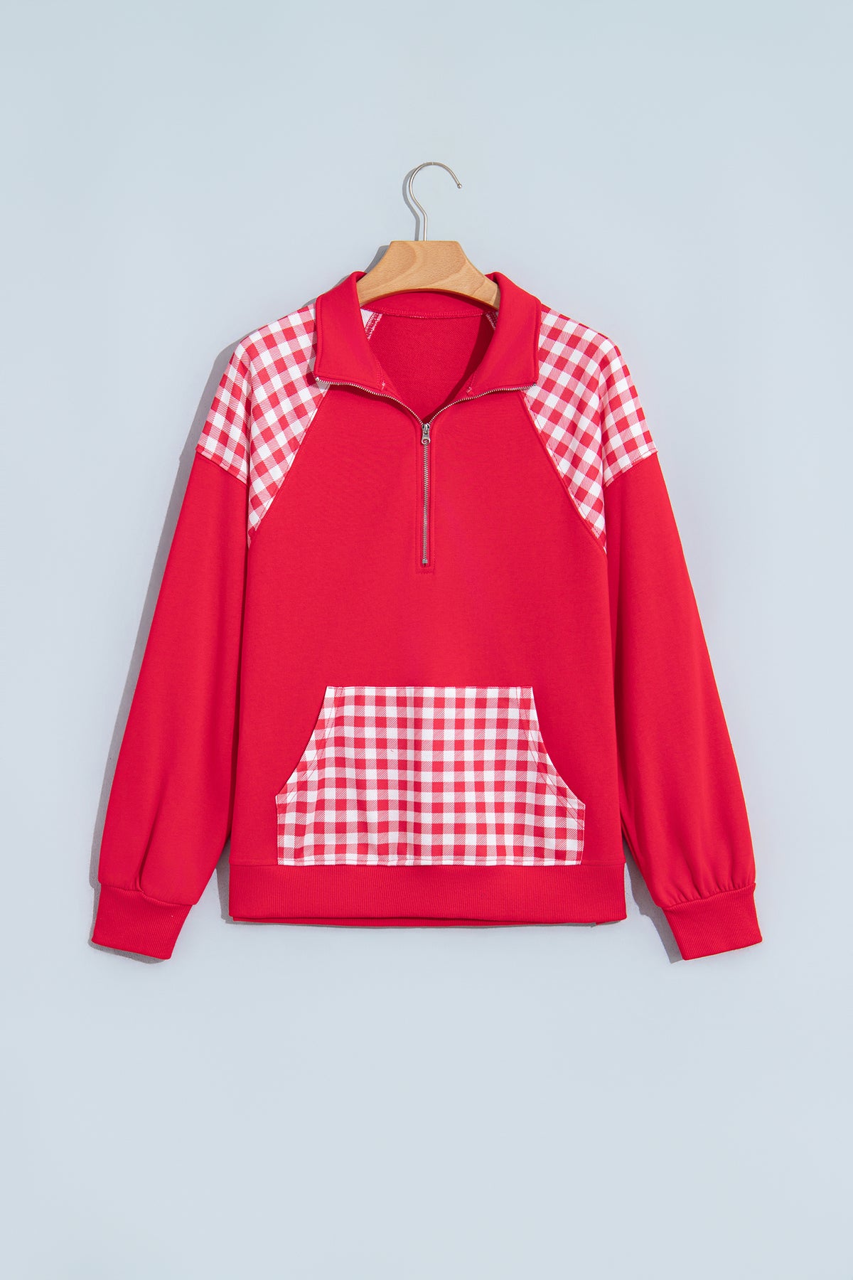 Racing Red Patchwork Plaid Pocket Quarter Zip Sweatshirt