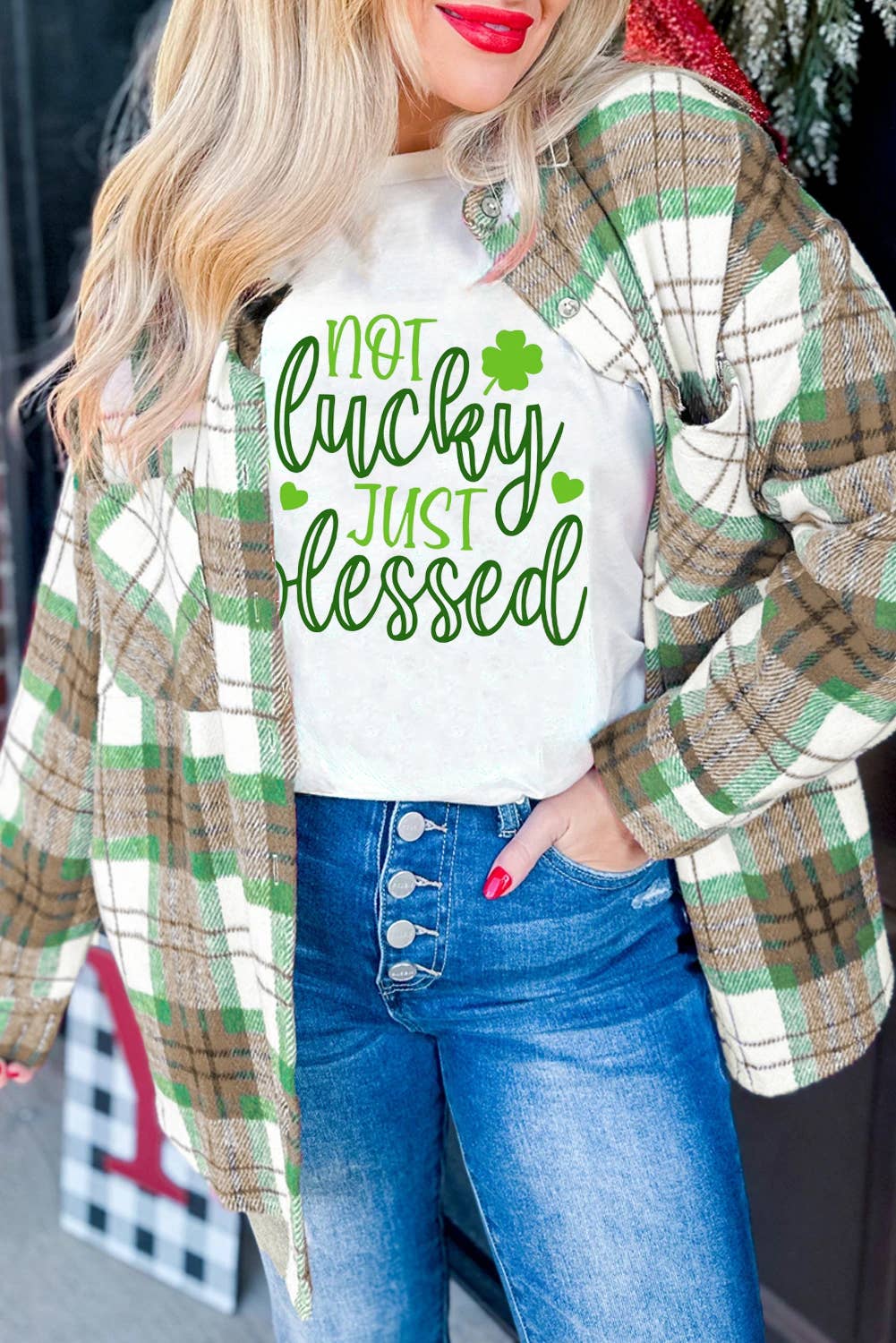 St. Patrick’s Day Green Plaid Cozy Shirt Jacket Shacket
