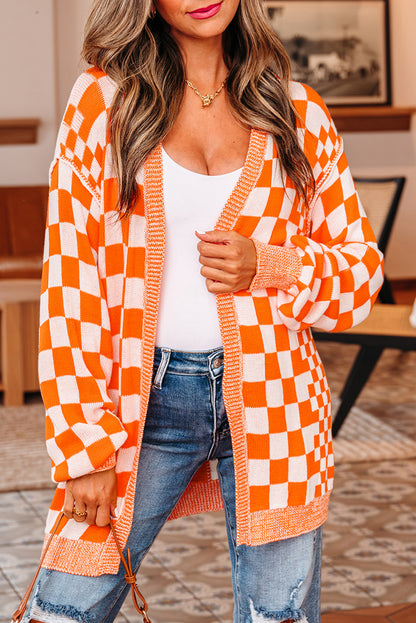 Orange Checkered Drop Shoulder Cardigan