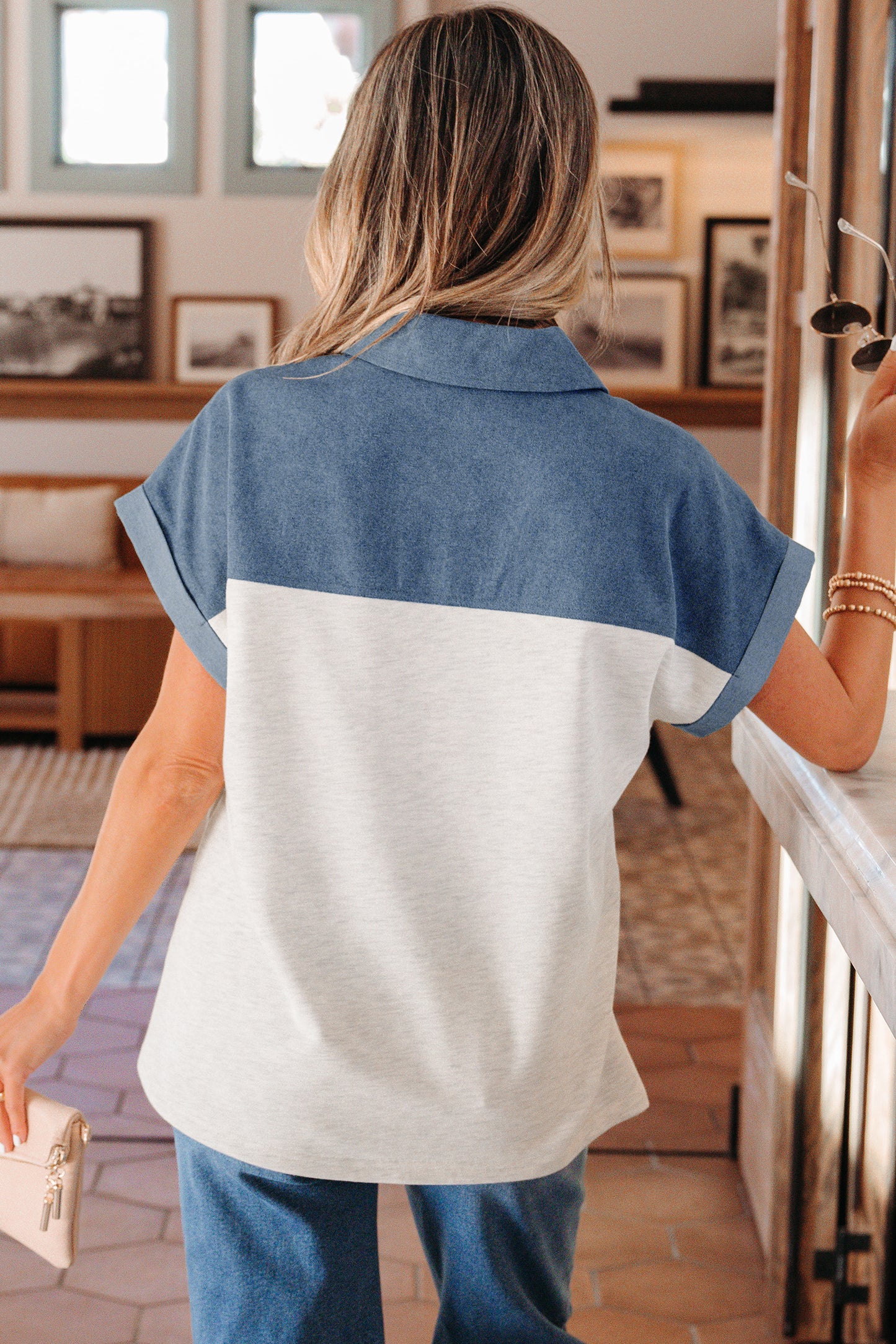 Grey Color Block Denim Short Sleeve Top