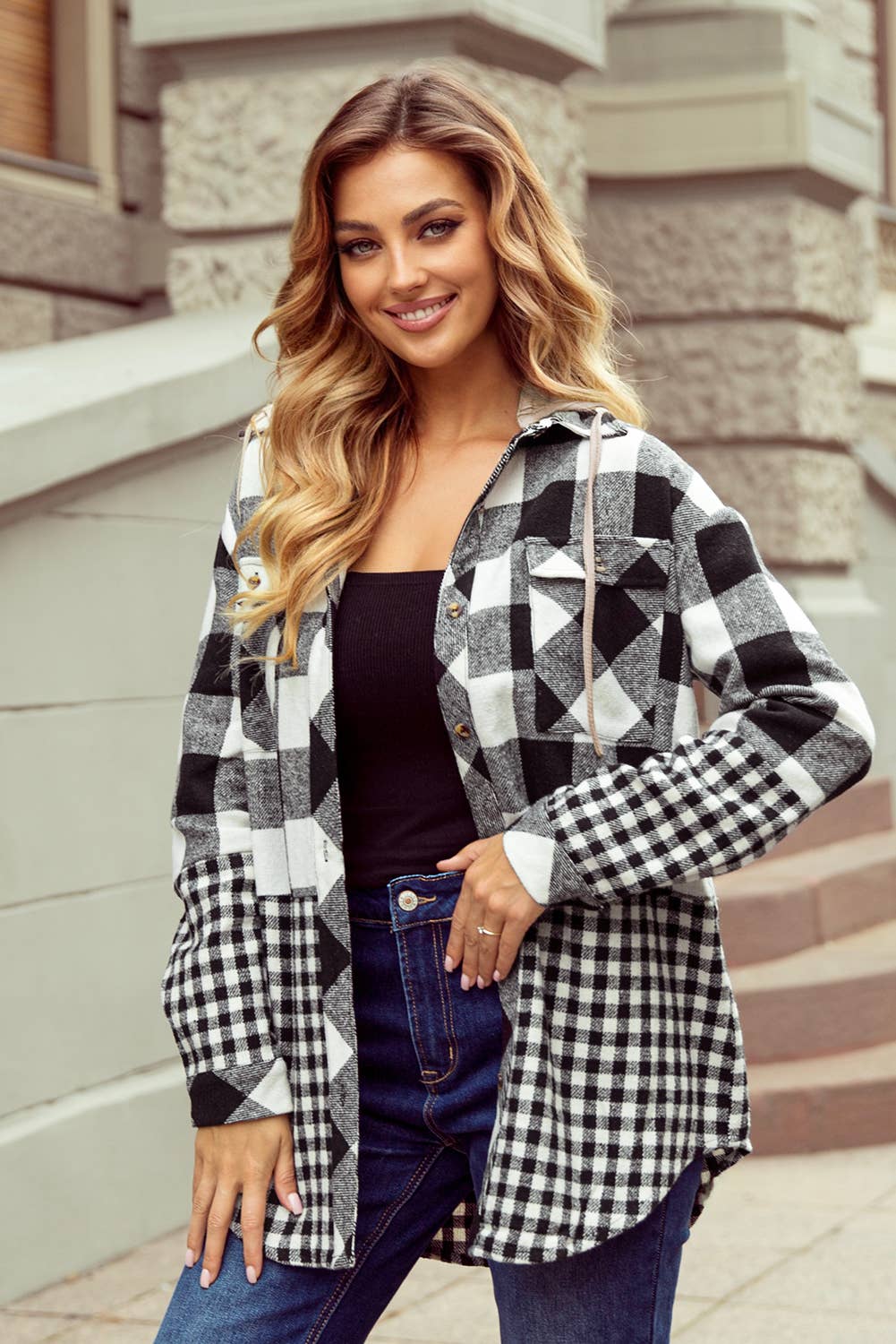 Double Plaid Patchwork Drawstring Hooded Shacket