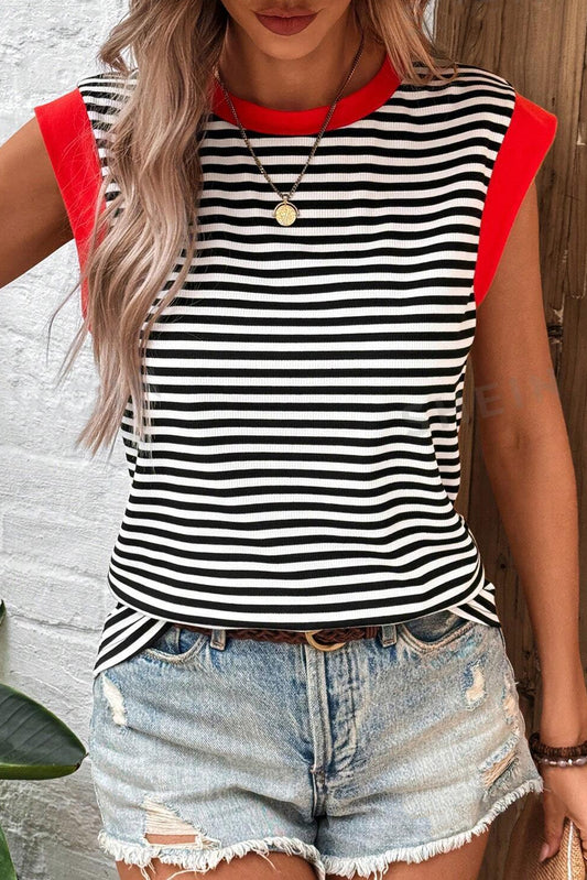 Hillary-Black Stripe Colorblock Top
