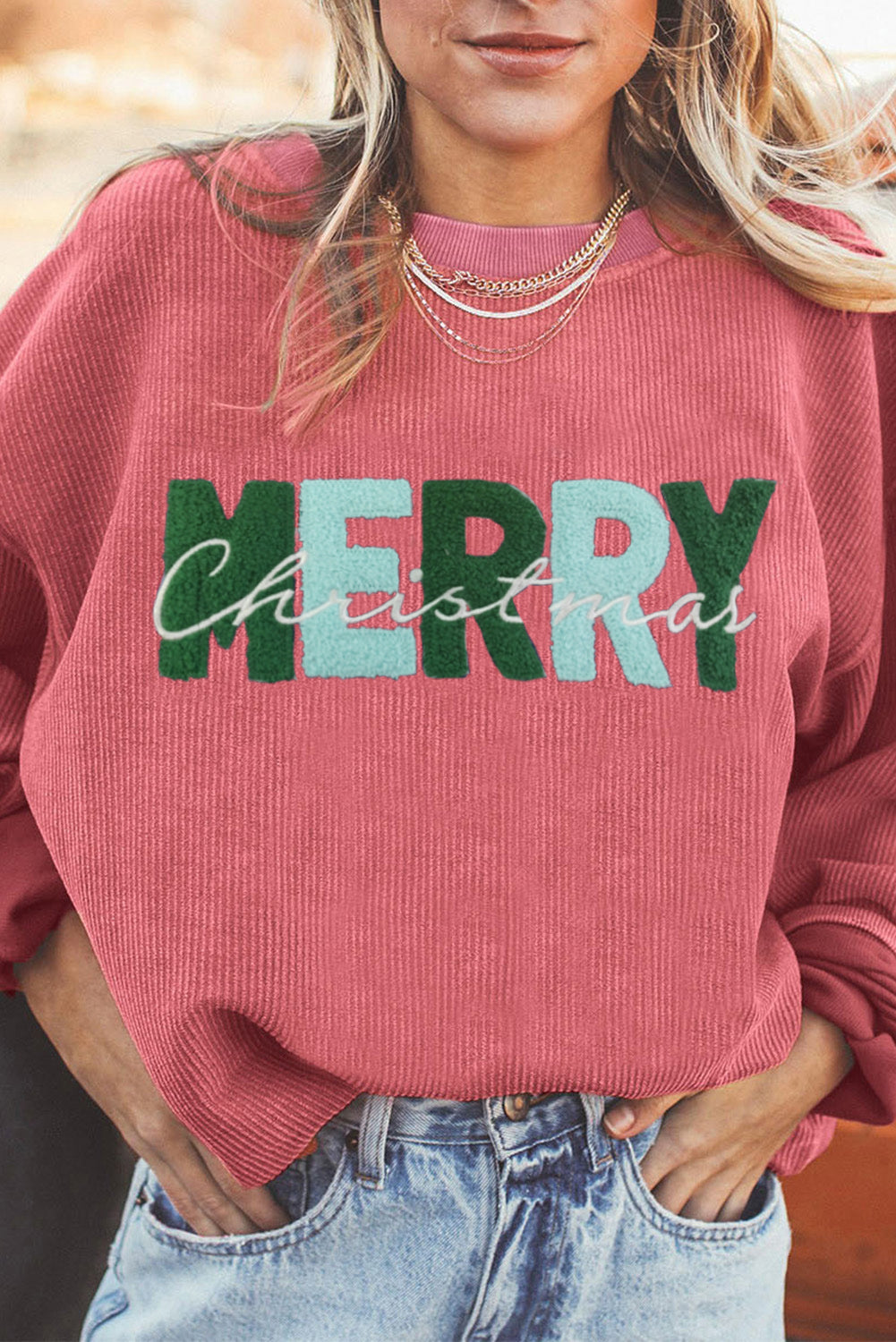 Strawberry Pink MERRY Christmas Corded Pullover Sweatshirt
