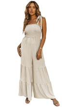 Load image into Gallery viewer, Black Tie Straps Shirred Casual Tiered Wide Leg Jumpsuit