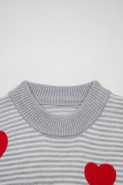 Gray Stripe Heart Valentine Knit Sweater