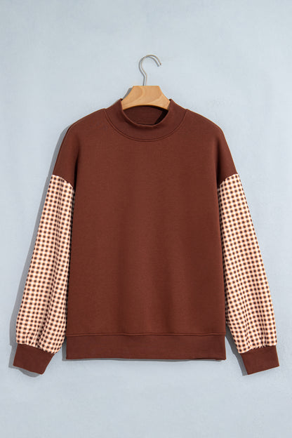 Russet Orange Plaid Sleeve Colorblock Loose Tunic Sweatshirt