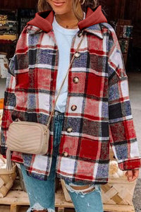 Red Plaid Button Front Hooded Shacket