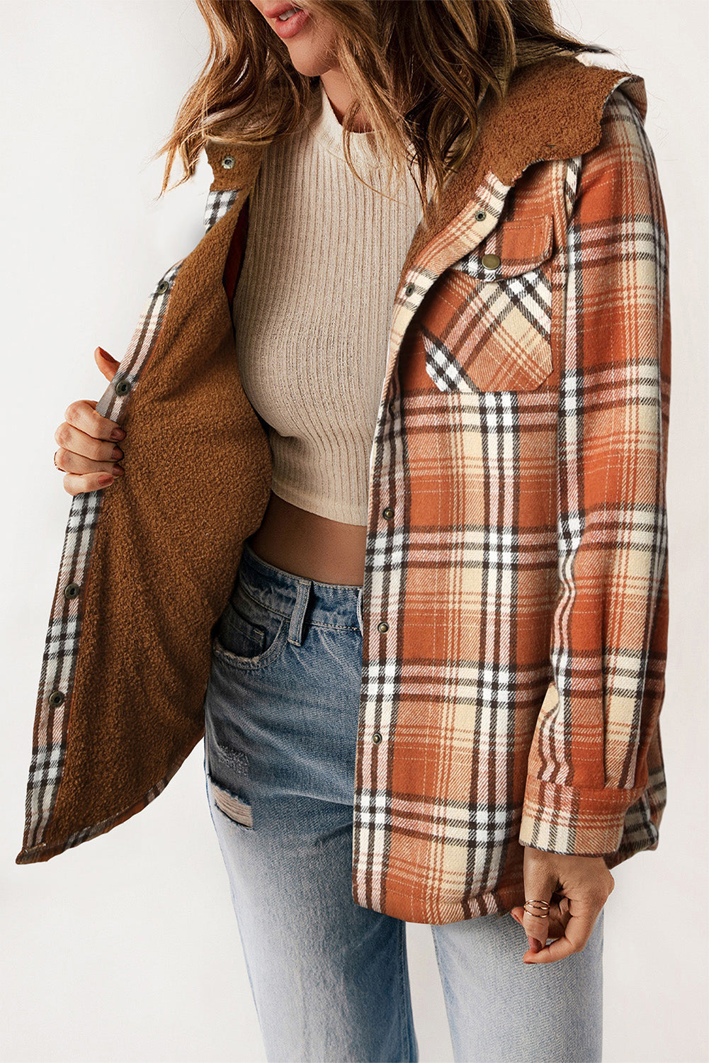 Orange Snap Button Sherpa Lined Hooded Flanne