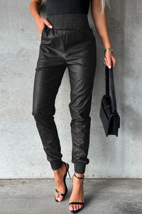 Black Smocked High-Waist Leather Joggers