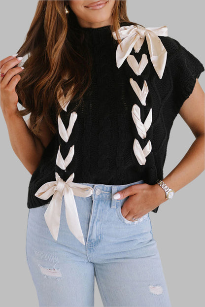 Bailey Black Cable Knit Colorblock Satin Bowknot