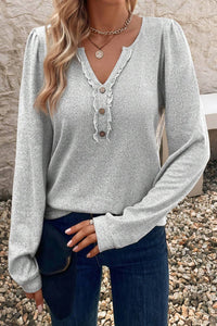 Light Grey Notched Neck Button Detail Puff Long Sleeve Top