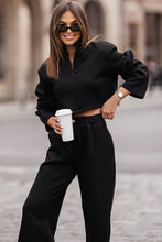 Load image into Gallery viewer, Black Zipped Collared Crop Top and Wide Leg Pants Set