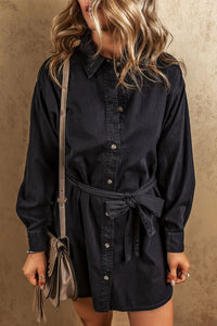 Black Button-Up Belted Denim Shirt Dress