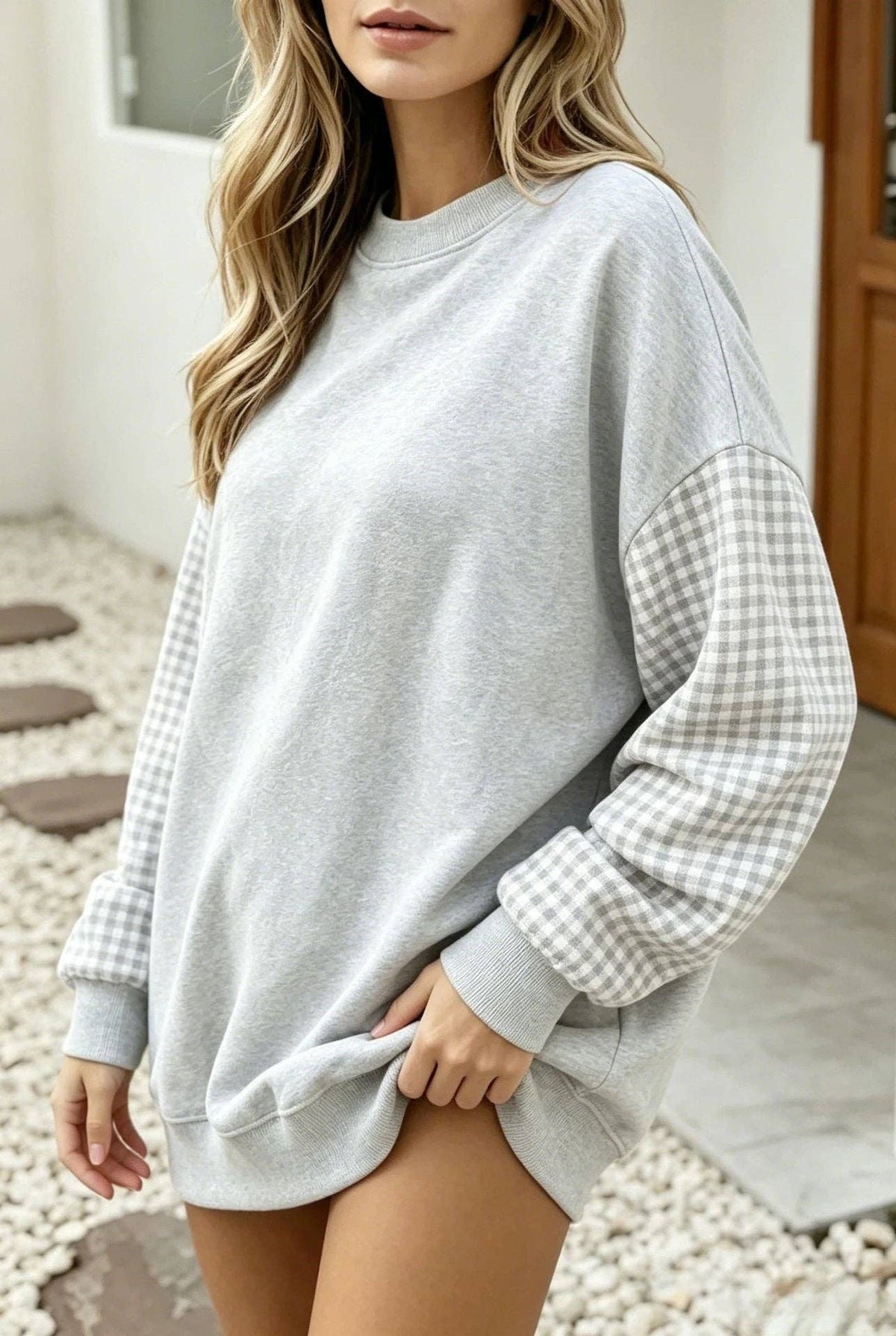 Plaid Color Block Oversized Sweatshirt Casual Fall Pullover