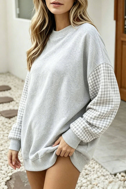 Plaid Color Block Oversized Sweatshirt Casual Fall Pullover