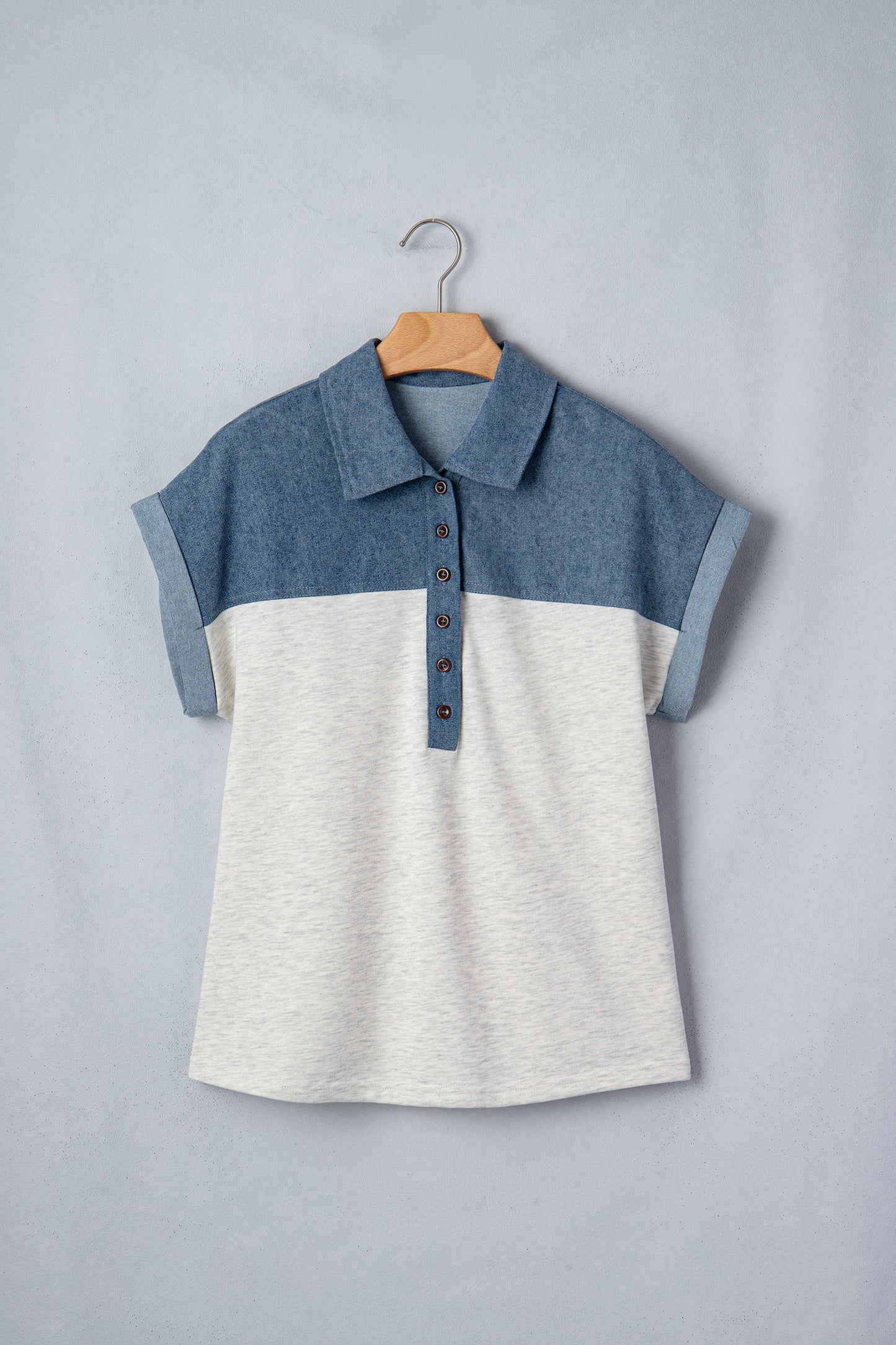 Grey Color Block Denim Short Sleeve Top