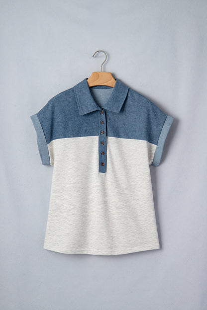 Grey Color Block Denim Short Sleeve Top
