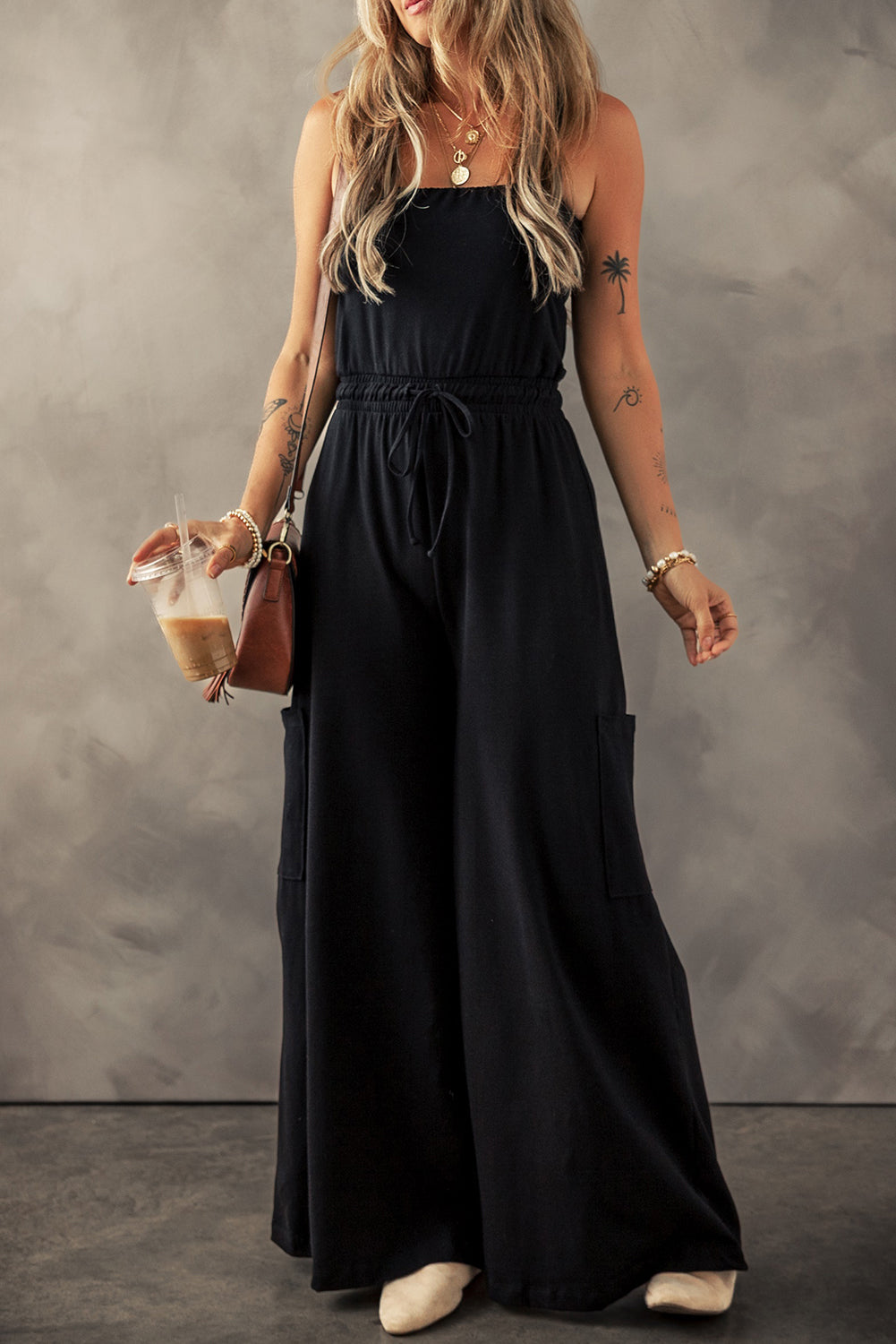 Black Drawstring Wide Leg Cargo Pockets Sleeveless Jumpsuit