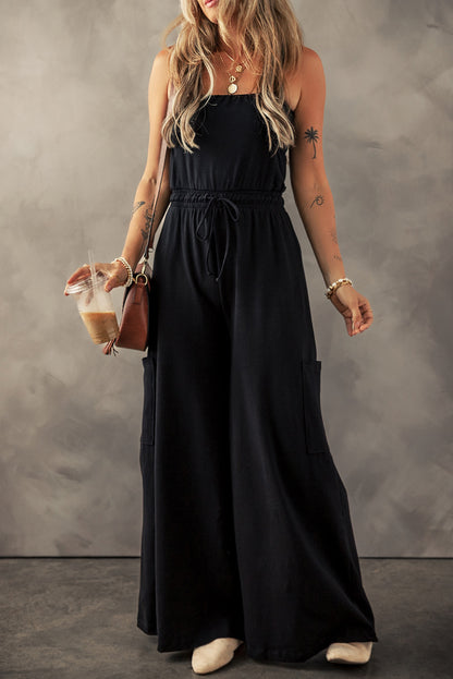 Black Drawstring Wide Leg Cargo Pockets Sleeveless Jumpsuit