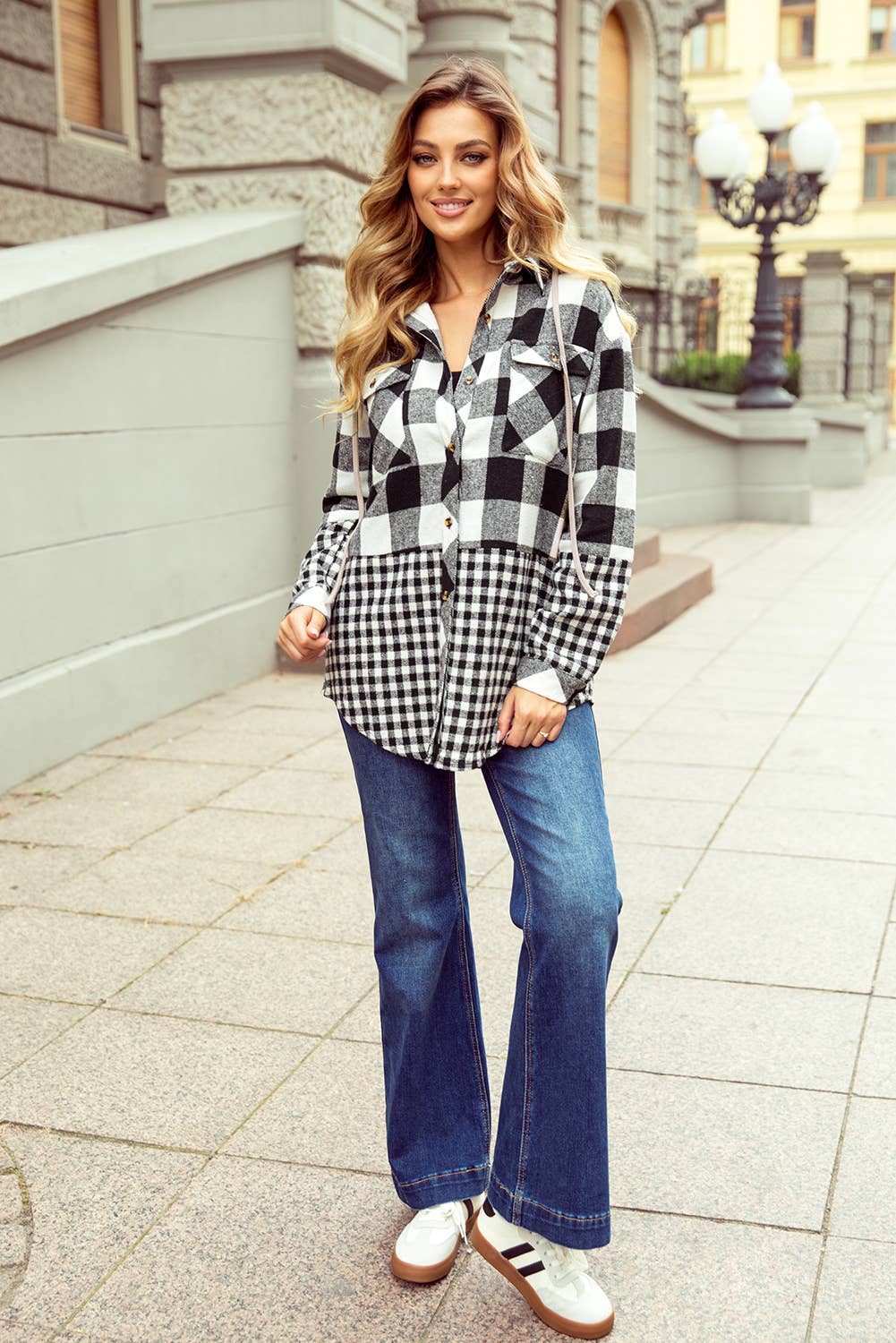 Double Plaid Patchwork Drawstring Hooded Shacket