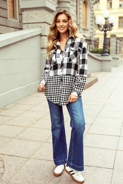 Double Plaid Patchwork Drawstring Hooded Shacket