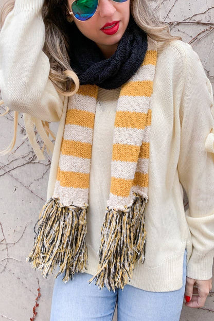 Yellow Multi Stripe Printed Knit Oblong Scarf With Tassel