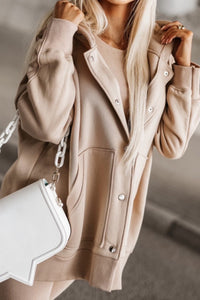 Beige Solid Color Pocketed Button Up Loose Hoodie