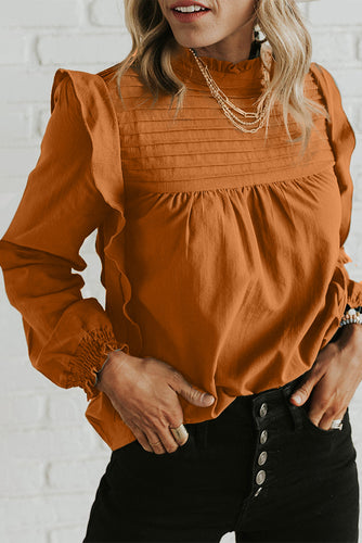 Solid Color Pleated Long Sleeve Blouse