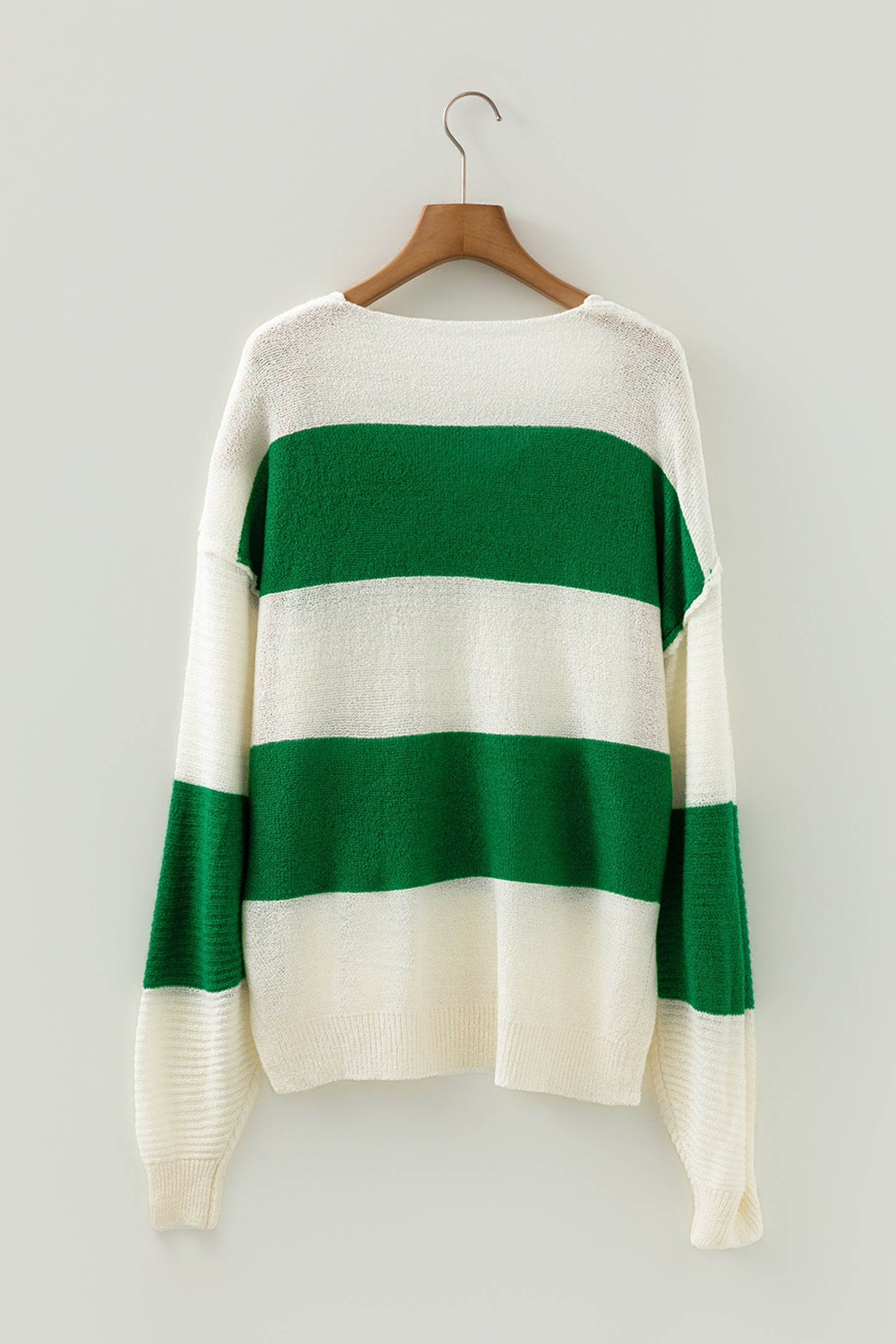 Green Stripe Drop Shoulder Bubble Sleeve Sweater