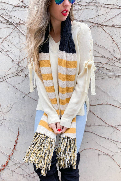 Yellow Multi Stripe Printed Knit Oblong Scarf With Tassel