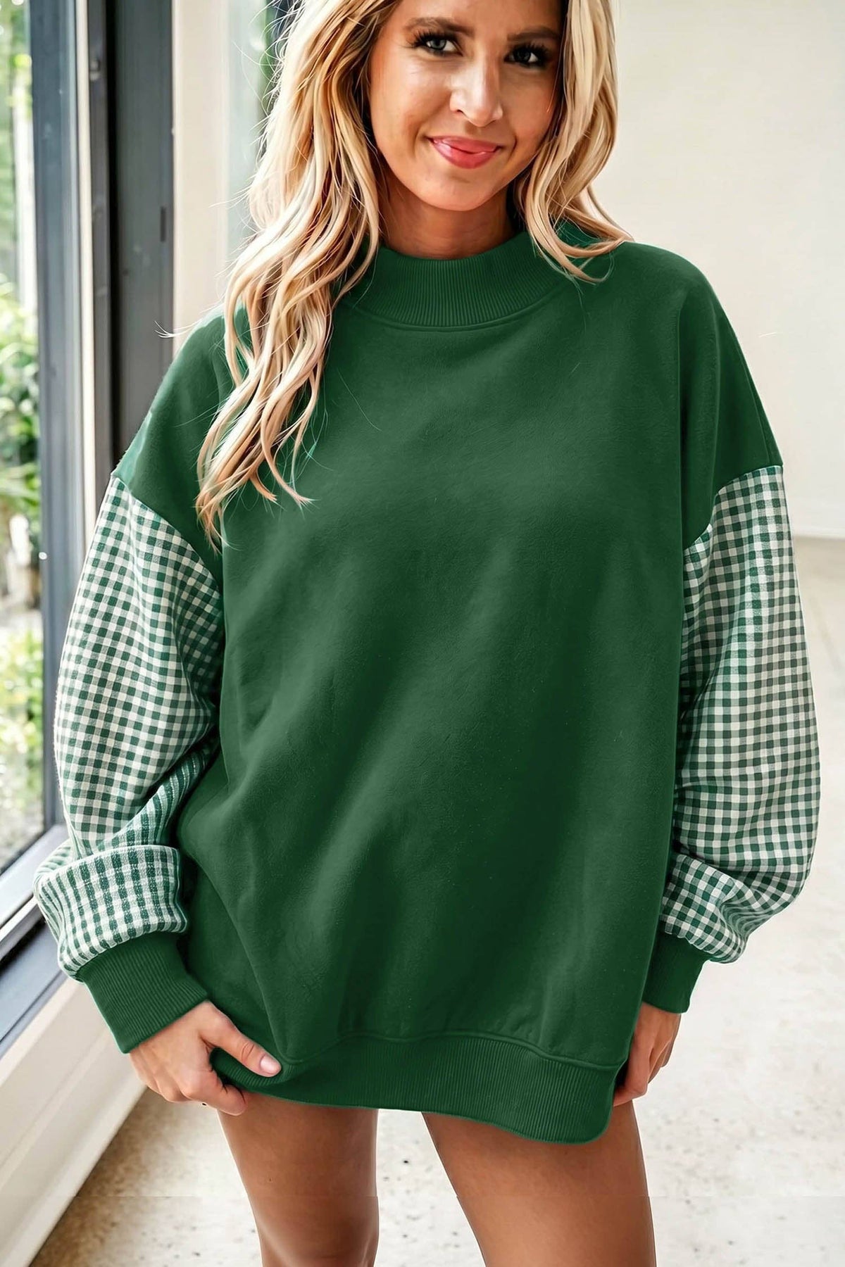 Evergreen Plaid Sleeve Colorblock Loose Tunic Sweatshirt