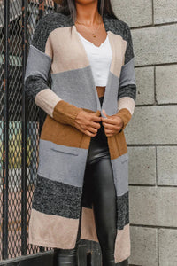 Multicolor Knitted Color Block Open Front Long Cardigan