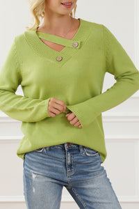 Green Button Tab V Neck Solid Color Sweater