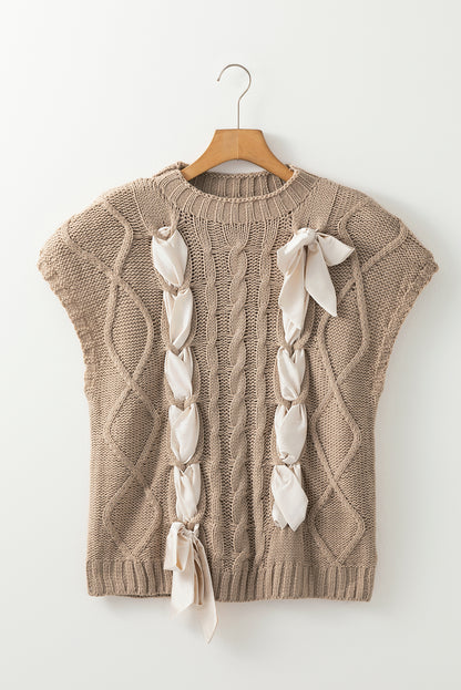 Stella Taupe Satin Bowknot Short Sleeve Sweater