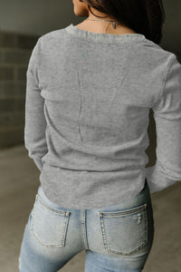 Gray Solid Color Waffle Knit Long Sleeve Henley Shirt