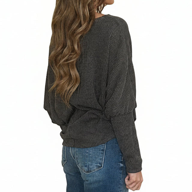 Carbon Grey Twisted Ribbed Long Sleeve Top