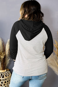 Black Striped Raglan Sleeve Pocket Plus Size Hoodie
