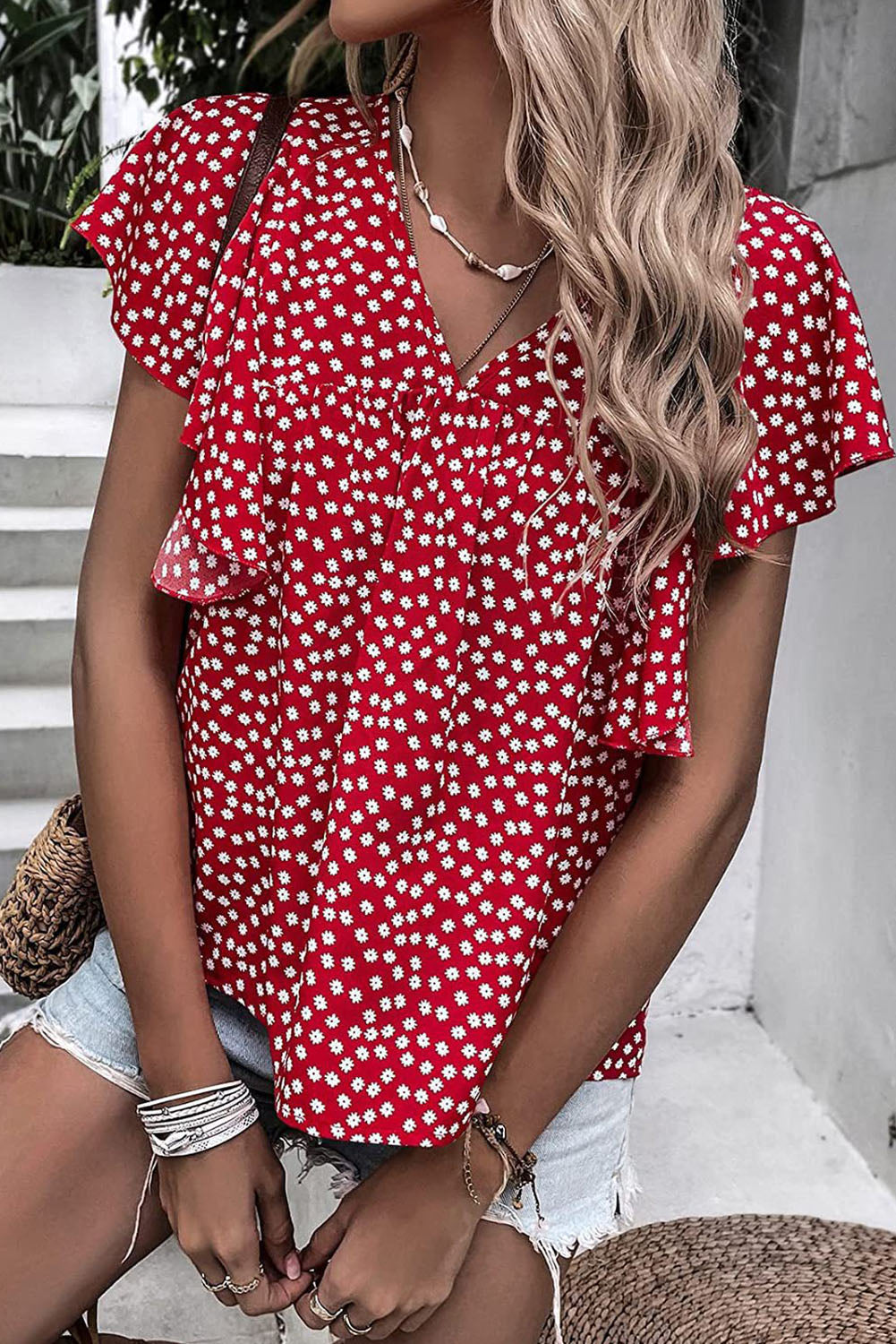 Red Floral Print V Neck Ruffle Sleeve Blouse