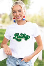 Load image into Gallery viewer, White St Patrick Lucky Chenille Glitter Patched Graphic T Shirt